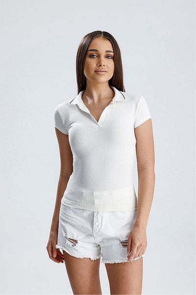 vesantia Tricou alb pentru femei cu guler polo – mânecă scurtă, fără nasturi, țesătură tricotată