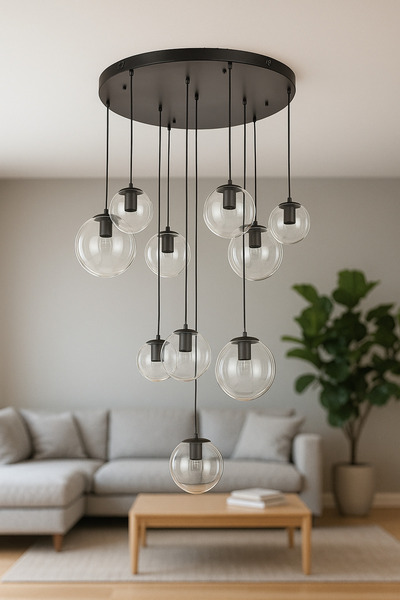 Avizemoda Pigaro 10 lu Şeffaf Camlı Salon Oturma Odası Modern Sarkıt Avize - (Siyah Kasa)