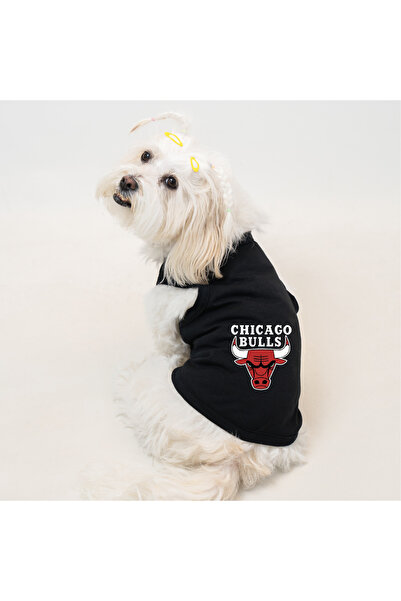 Buddy Store ملابس القطط والكلاب - قميص داخلي أسود مطبوع عليه Chicago Bulls