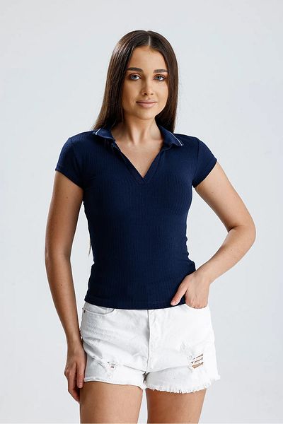 vesantia Tricou de damă bleumarin cu guler polo – mânecă scurtă, fără nasturi, țesătură tricotată