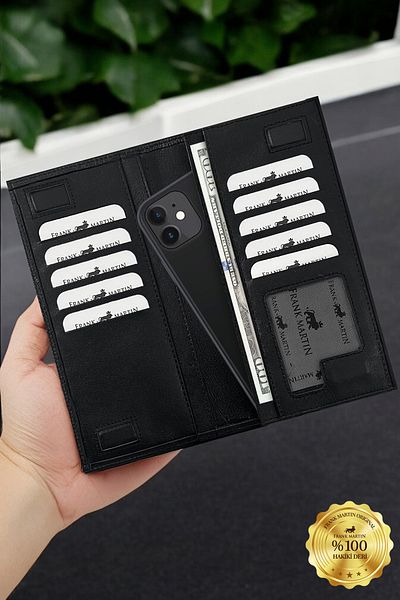 Frank Martin Petra Genuine Black Magnetic Wallet with Phone Compartment and Hand Holder