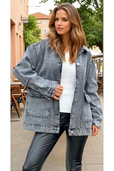 Pasaklı Giyim Jachetă de blugi oversize gri pentru femei Kt001