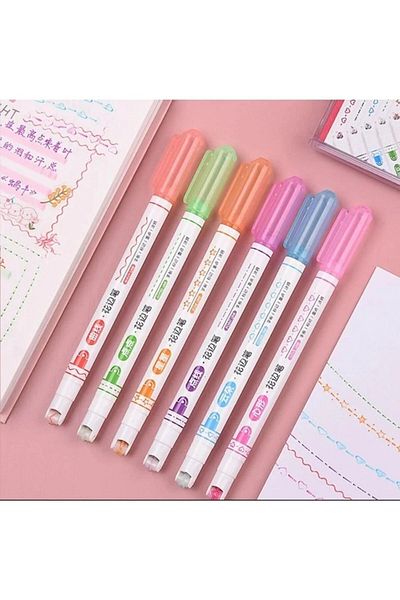 Yeni1Trend Patterned Cylinder 6 Shape Drawing Pen 6 Pieces Linear Color