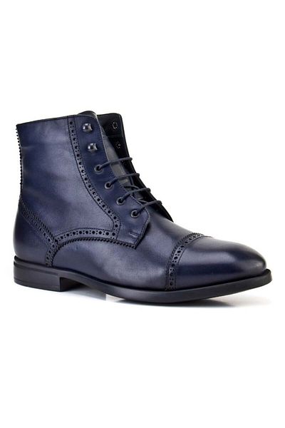 Cabani Stitching Detailed Genuine Leather Navy Blue Zippered Men's Classic Boots