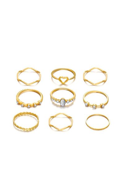 Generic 9-Piece Faux Pearl Studded Heart Wave Shape Ring Set