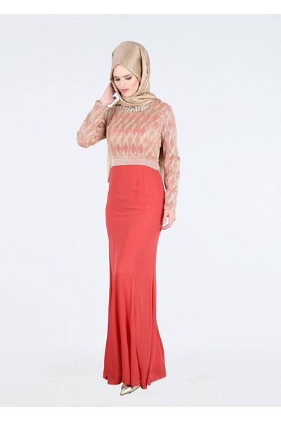 TRENDTESETTÜR Women's Coral Collar Evening Dress with Accessories 5211