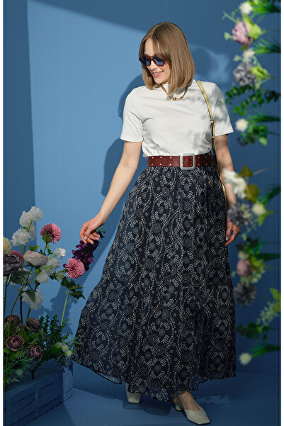 Fatma Atasoy Fusta din șifon cu șnur bleumarin