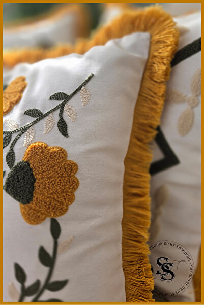 SasoHome Beauty Flowers Punch Embroidery Patterned Linen Throw Pillow Cover