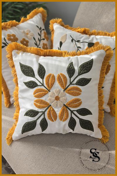 SasoHome Beauty Flowers Punch Embroidery Patterned Linen Throw Pillow Cover
