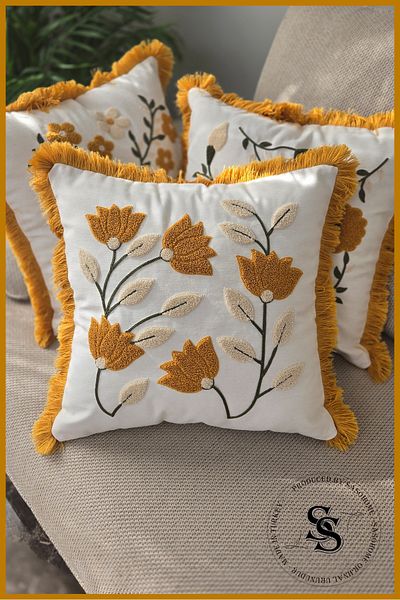 SasoHome Beauty Flowers Punch Embroidery Patterned Linen Throw Pillow Cover