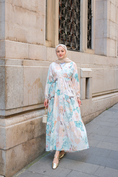 LOCCO Women's Pastel Rose Patterned Dress Blue