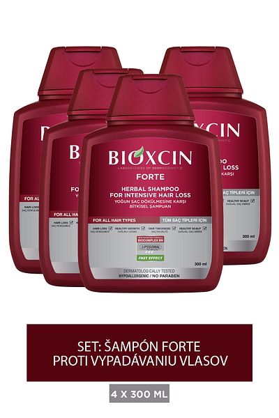 Bioxcin Sada šampónov Forte – 4 x 300 ml intenzívna sada šampónov proti vypadávaniu vlasov