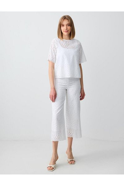 Jimmy Key White 100% Cotton Relaxed Fit High Waist Wide Leg Openwork Trousers