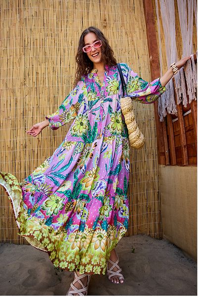 LOCCO Women's Abstract Botanical Pattern Dress Pink-Purple