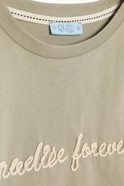 Quzu Text Embroidered Sleeveless Crop T-Shirt Khaki