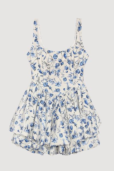 Quzu Floral Patterned Mini Balloon Dress Ecru