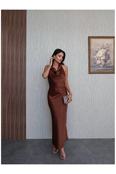 ESRAHELVACI Σατέν Φόρεμα - Δέσιμο γιακά και Πλάτη Χαμηλή κοπή