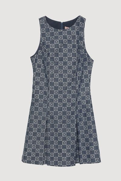 Quzu Checkerboard Patterned Halter Neck Mini Dress Indigo