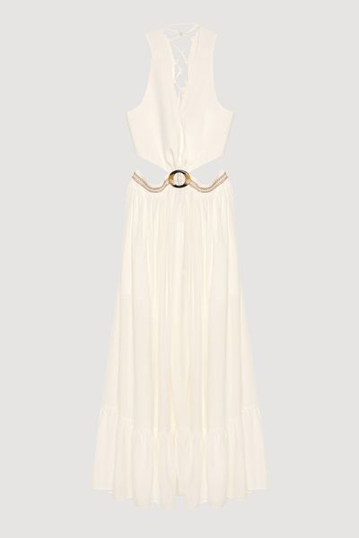 Quzu Cut Out Midi Dress with Buckle Accessories Ecru