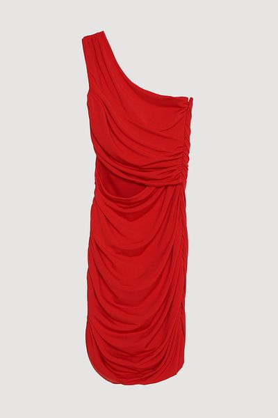 Quzu Drape Detailed One Shoulder Cut Out Mini Dress Red