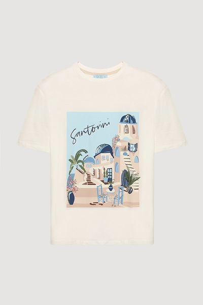 Quzu Santorini Printed Short Sleeve T-Shirt Ecru