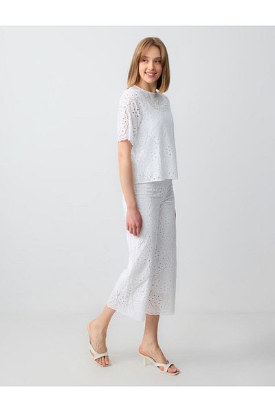 Jimmy Key White 100% Cotton Relaxed Fit High Waist Wide Leg Openwork Trousers