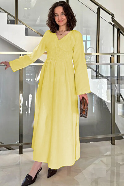 Cockatoo Kadın V Yaka Beli Gipeli Geniş Kollu Yırtmaç Detaylı Uzun Pamuk Müslin Elbise