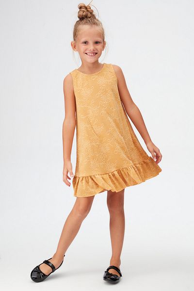 LOVETTI Mustard Floral Pattern Girls Ruffle Bell-Bottomed Dress