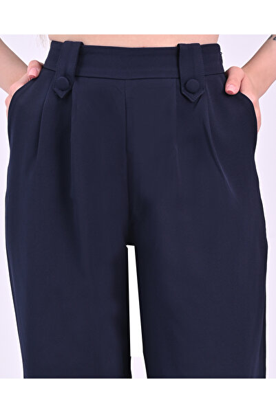 polle Pantaloni Palazzo pentru damă, albastru bleumarin, cu nasturi cu talie ...