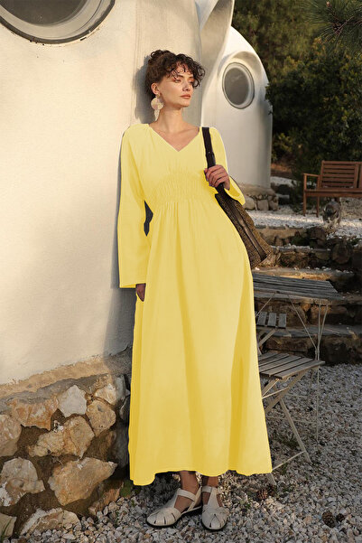 Cockatoo Kadın V Yaka Beli Gipeli Geniş Kollu Yırtmaç Detaylı Uzun Pamuk Müslin Elbise