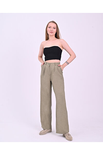 polle Pantaloni Palazzo din in, kaki, cu talie înaltă