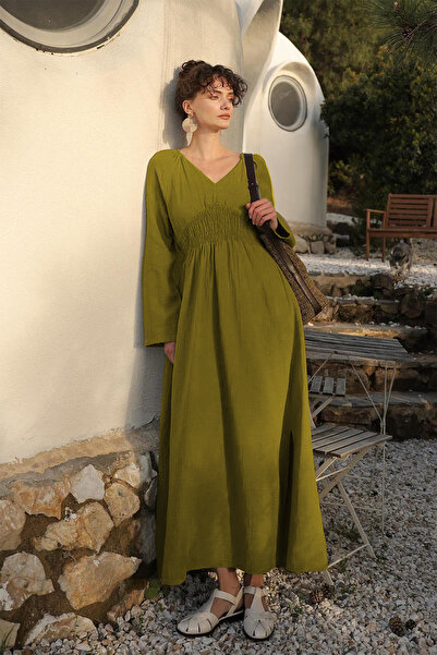 Cockatoo Women's V-Neck Waist Gipeli Wide Sleeve Slit Detail Long Cotton Muslin Dress