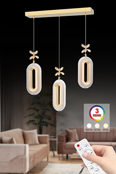 İstanbul Avize Led Alfa 3'lü Sıralı Gold Yemek Masası Kumandalı 3 Renk Ledli Modern Led Avize