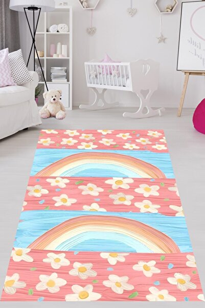 on the clouds Renkli Çiçekler Ve Gökkuşağı  Yıkanabilir Kaymaz Taban Leke Tut...