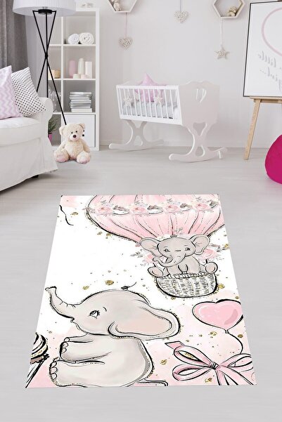 on the clouds Filli Uçan Balonlu Kalpli Dijital Baskı Yıkanabilir Kaymaz Taba...