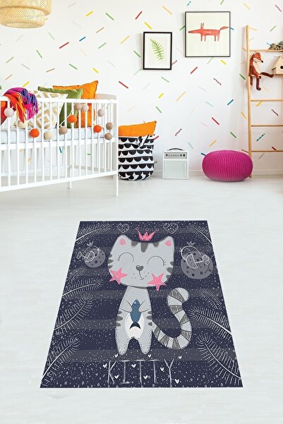 on the clouds Kedili Halı Kedi Desenli Renkli Dijital Baskı Yıkanabilir Kayma...