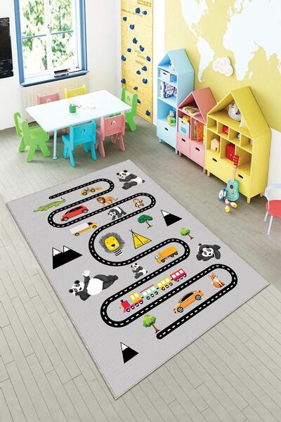 on the clouds Gri Trafik Yollu Ve Fiğürlü Yıkanabilir Kaymaz Taban Leke Tutma...