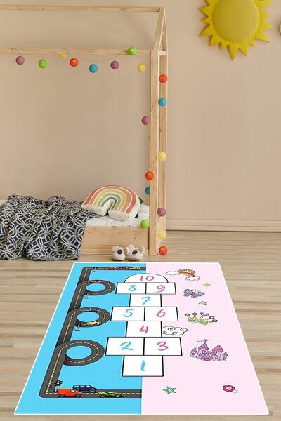 on the clouds Araba Yollu Trafik Yolu Prenses Seksek Oyun Halısı Baskılı Kayd...