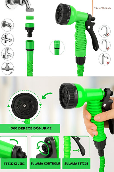 Genel Markalar Uzayan Balkon Bahçe Araba Yıkama Püskürtme Hortumu 7.5 M Rakorlu Musluklara Uygun