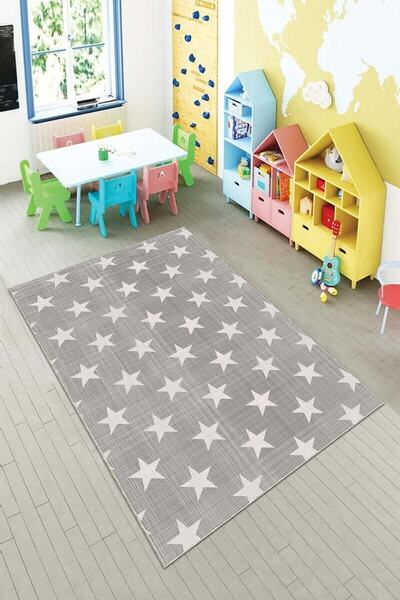 on the clouds Gri Yıldızlı Çocuk Odası Yıkanabilir Kaymaz Taban Leke Tutmazbe...