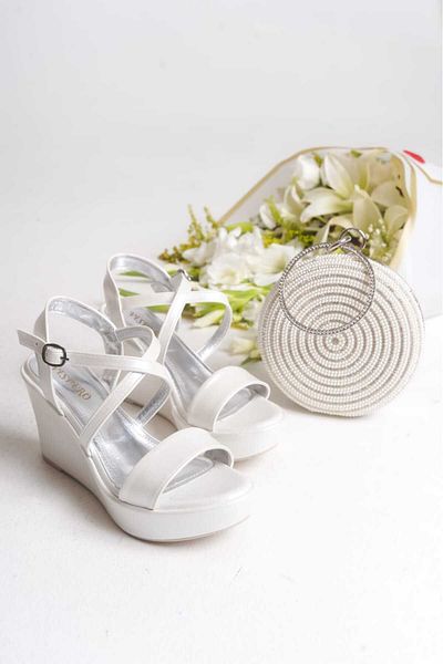 AYDOĞDU by ünal Women's Stone Design Bridal Wedding Wedding Wedge Heeled Shoes-Bag