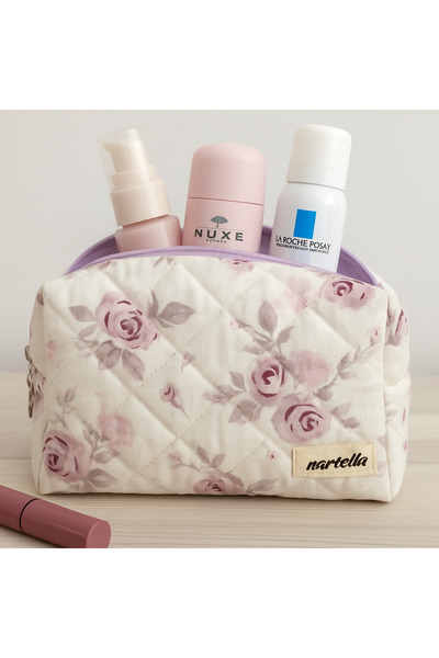 nartella Roses Lilac Rose Patterned Makeup Bag - Quilted Fabric, Large Size Organizer