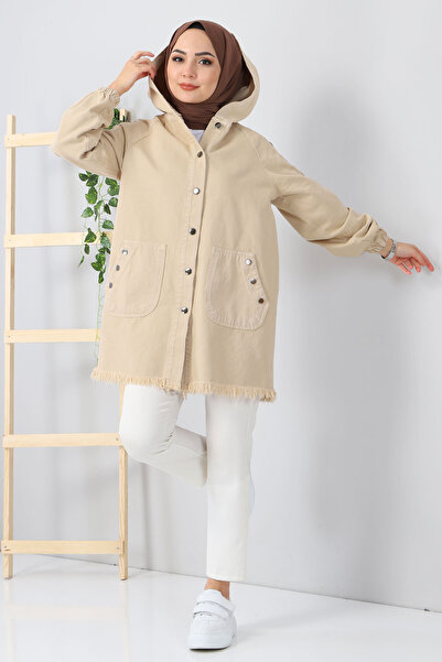 Tesettür Dünyası Kapesní džínová čepice s kapucí Tsd5528 Béžová
