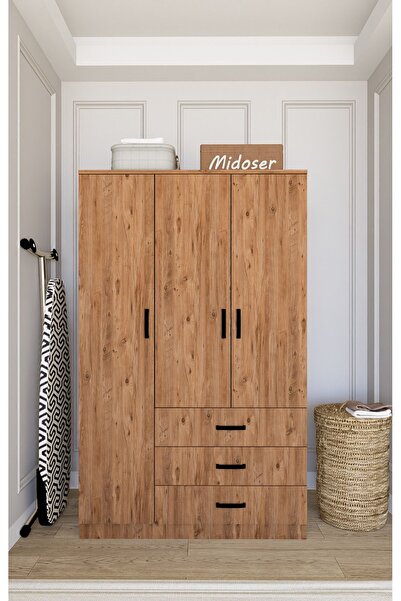 midoser Easy Atlantik Çam 3 Kapılı 3 Çekmeceli Çok Amaçlı Elbise Dolabı