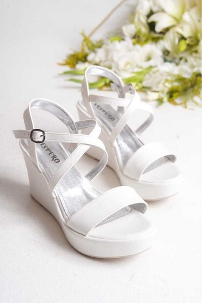 AYDOĞDU by ünal White Women's Stone Design Bridal Wedding Wedding Wedge Heeled Shoes-Bag