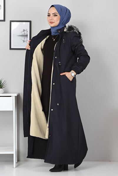 Tesettür Dünyası Derék fűzős sapkás kabát Tsd1936 sötétkék