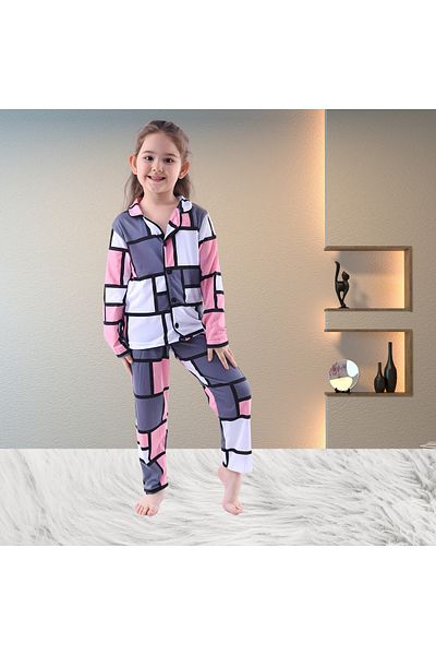 Fox Moda Long Sleeve Square Pattern Printed Girls' Pajama Set