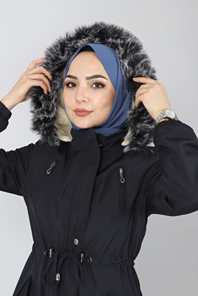 Tesettür Dünyası Derék fűzős sapkás kabát Tsd1936 sötétkék