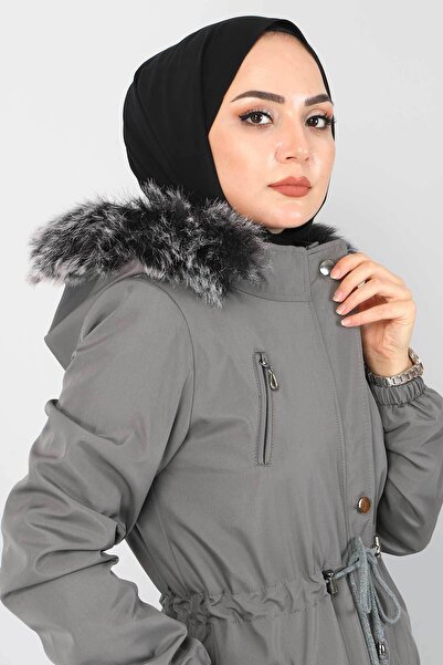 Tesettür Dünyası Beli Bağcıklı Kapaklı Mont Tsd1936 Gri