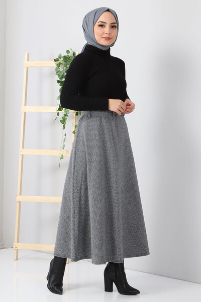 Tesettür Dünyası Herringbone Patterned Mevlana Skirt Tsd0047 Gray